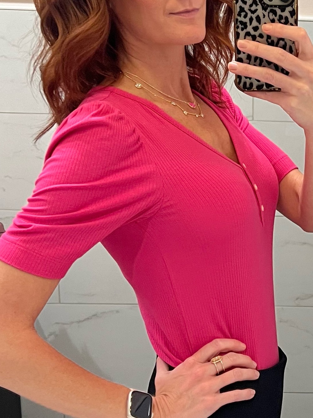 LOFT Hot Pink Ribbed V-Neck Button-Front Short Sleeve Top